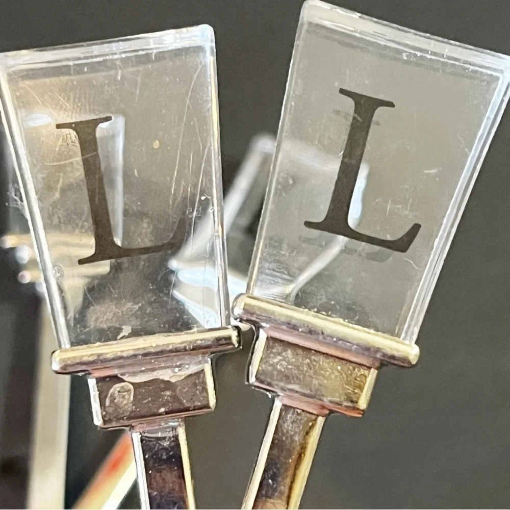 Vintage Cocktail Appetizer Forks Picks Acrylic Handle “L” Logo Stainless Set 4x